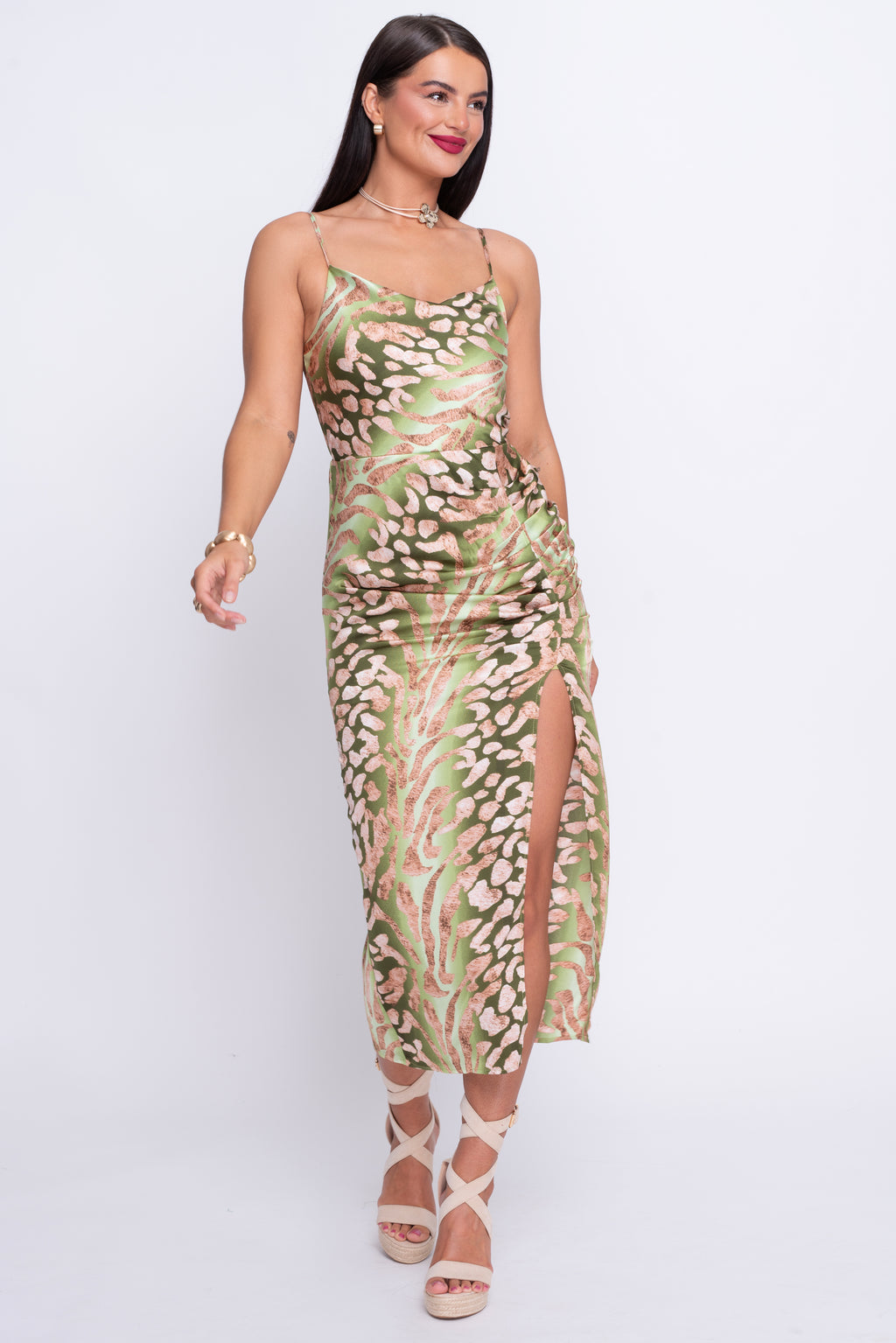 Selena green tropical print ruched midi dress
