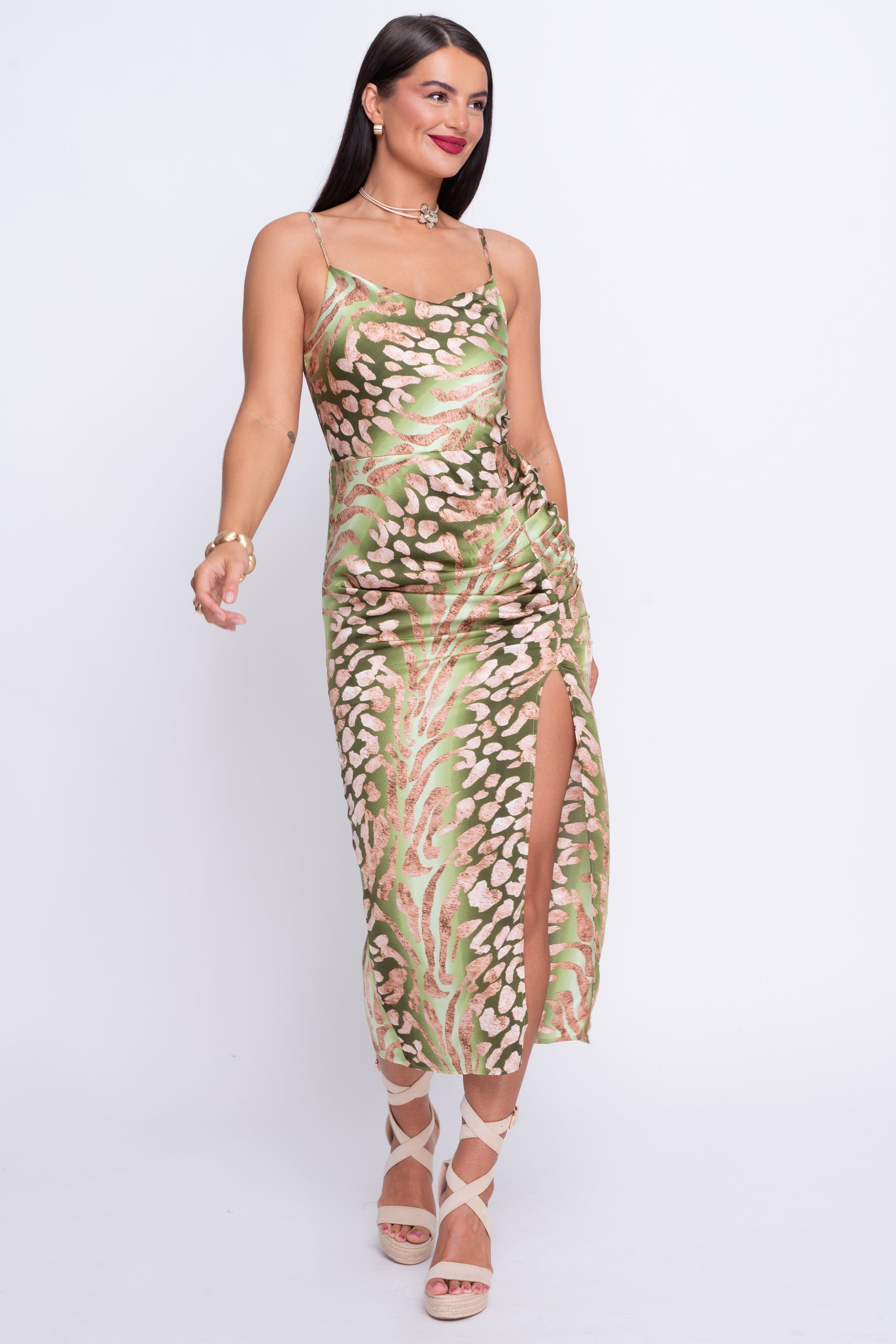 Selena green tropical print ruched midi dress