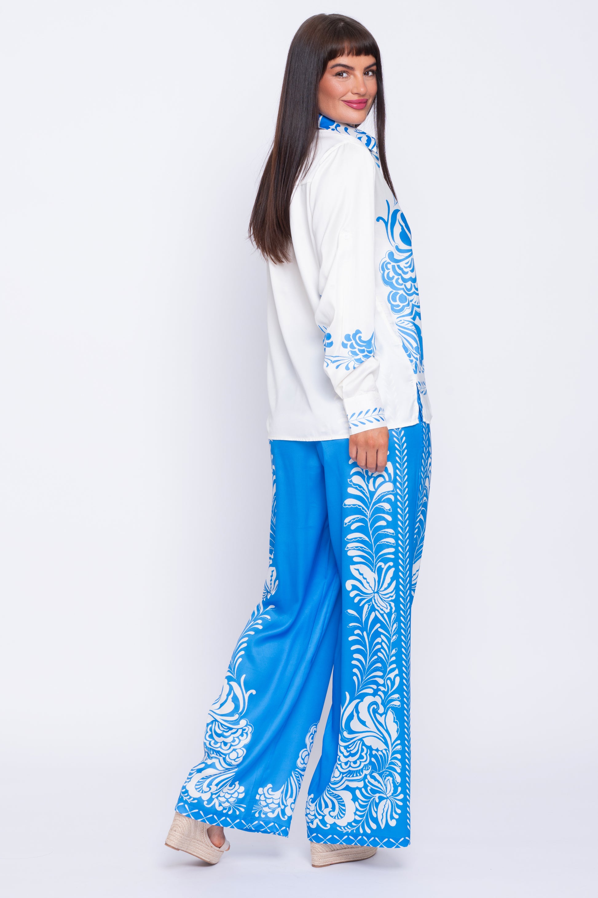 Azure blue and cream silk trouser and shirt set