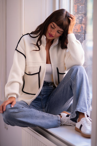 Lena White Knitted Zip Up Jacket With Black Trim