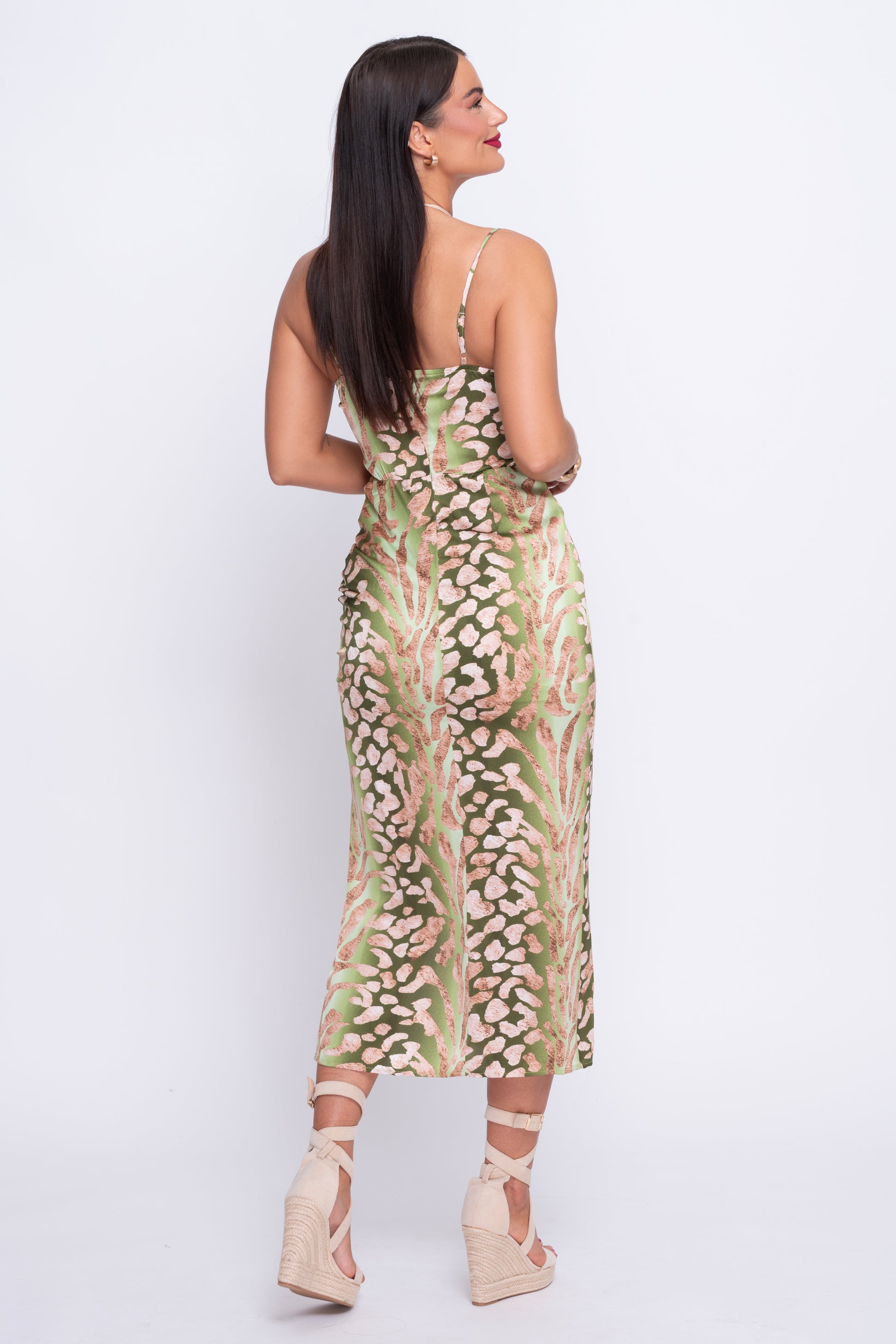 Selena green tropical print ruched midi dress