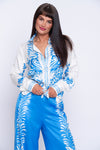 Azure blue and cream silk trouser and shirt set