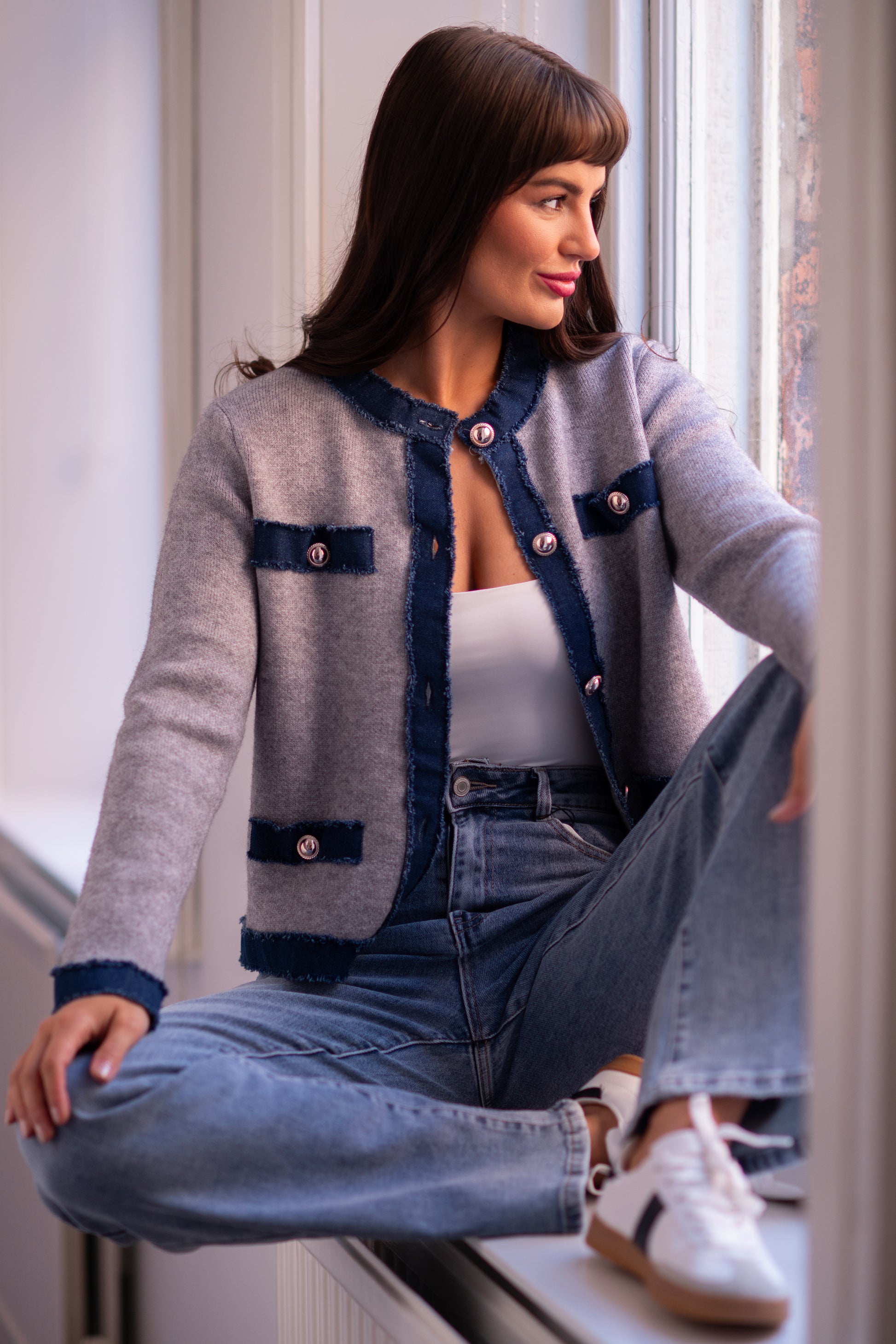 Demi Grey Knit Cardigan With Denim Trim