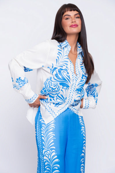 Azure blue and cream silk trouser and shirt set