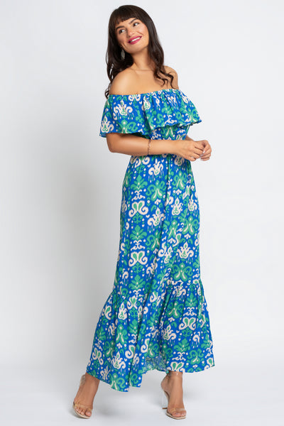 Aztec print off shoulder maxi dress