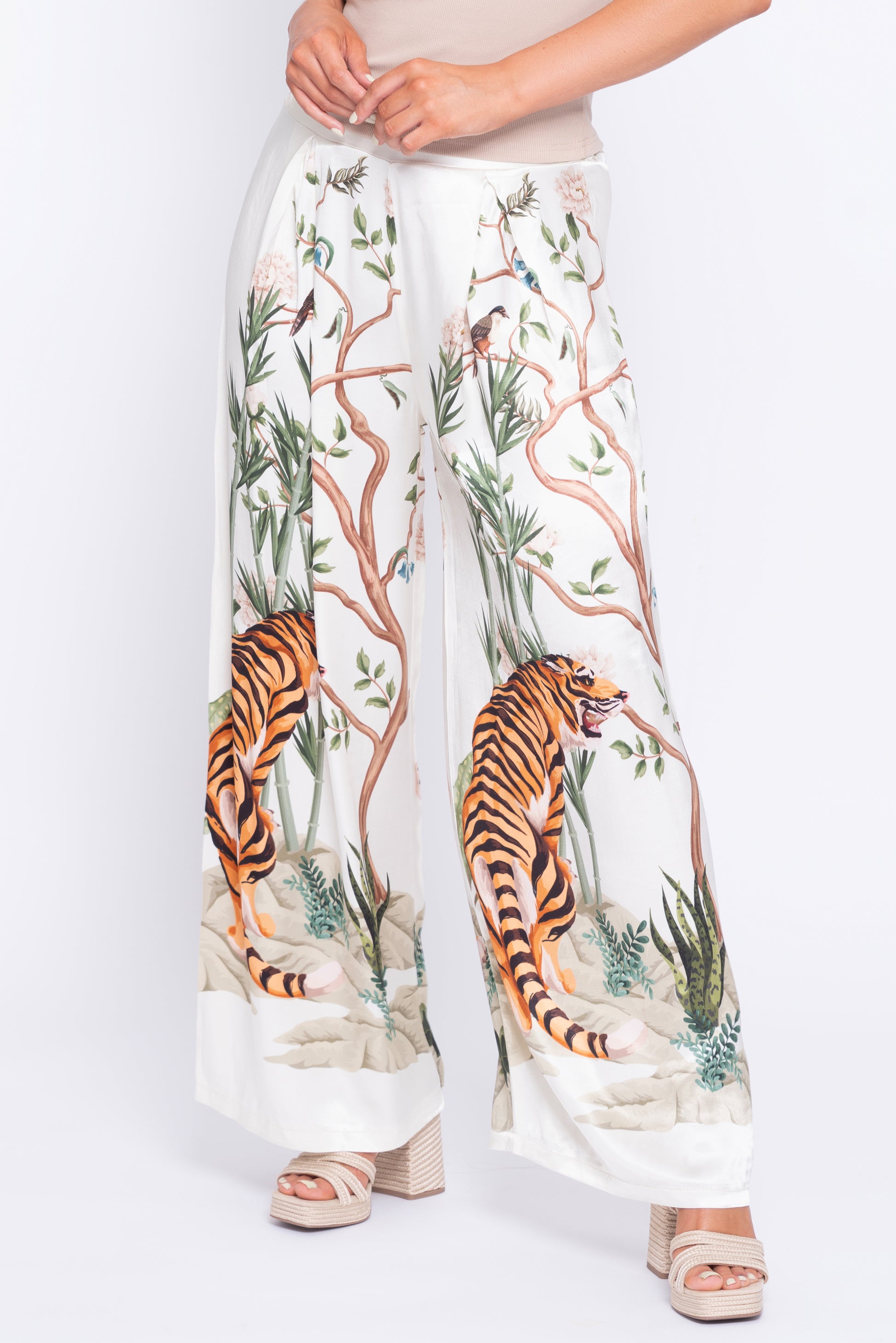 Tiger print cream satin wide leg pants