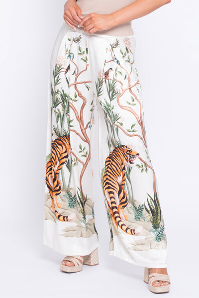 Tiger print cream satin wide leg pants