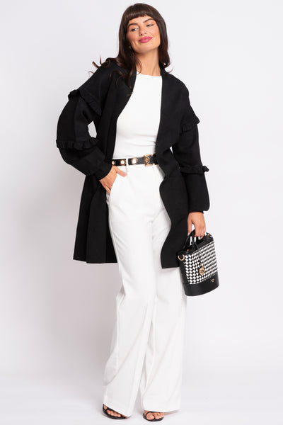 Nero Black Longline Cardigan With Frilled Sleeves
