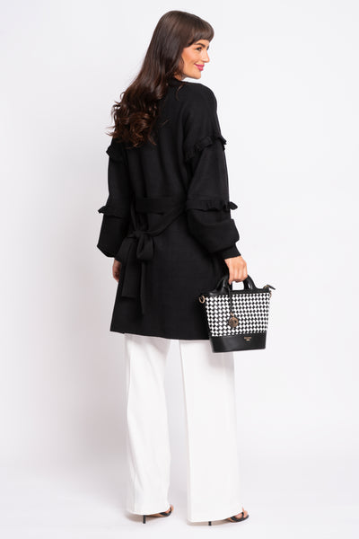 Nero Black Longline Cardigan With Frilled Sleeves