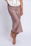 Latte silk bias cut taupe midi skirt