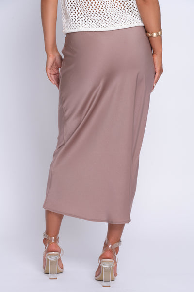 Latte silk bias cut taupe midi skirt