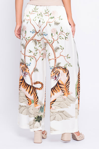 Tiger print cream satin wide leg pants