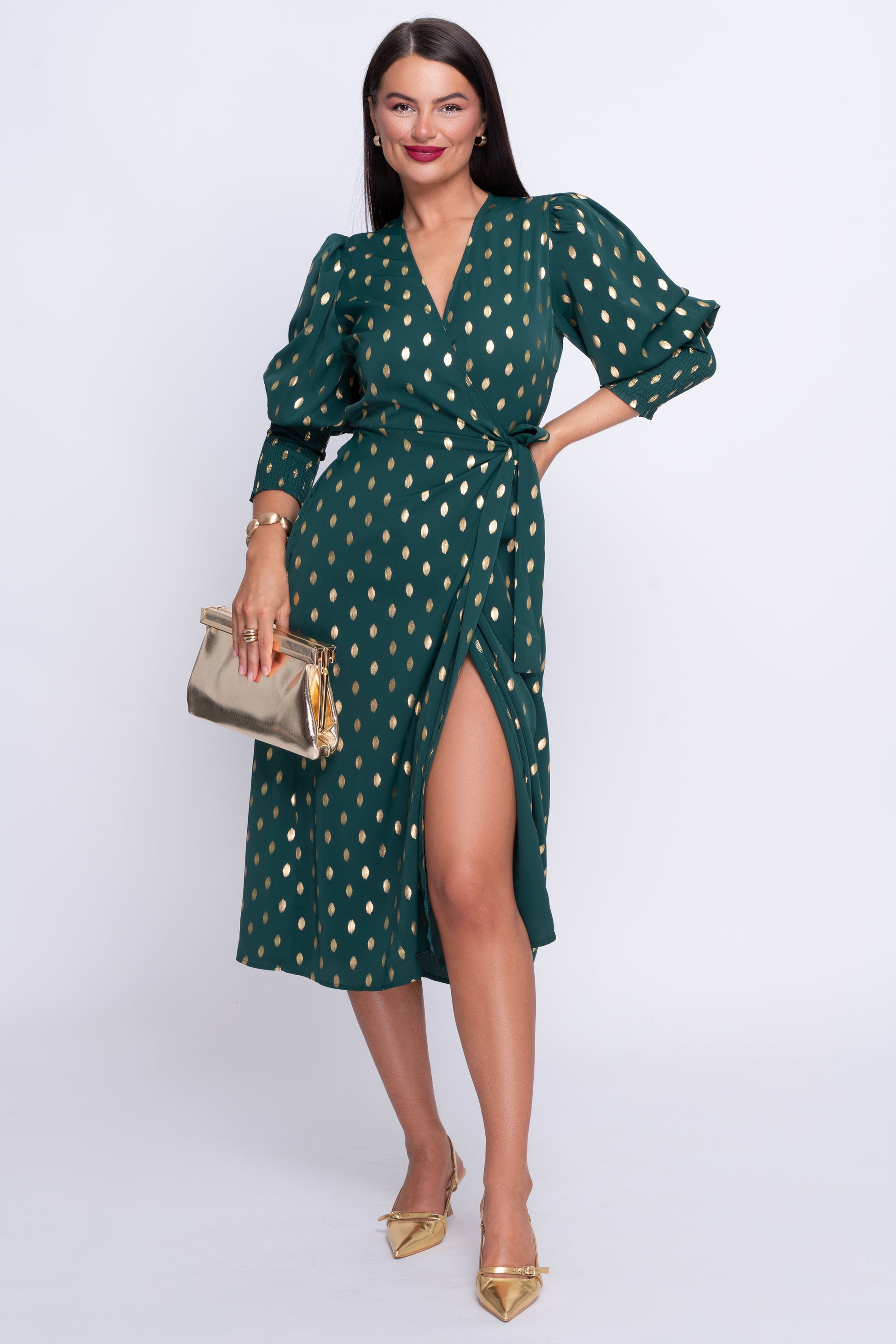 Davina green and gold wrap dress