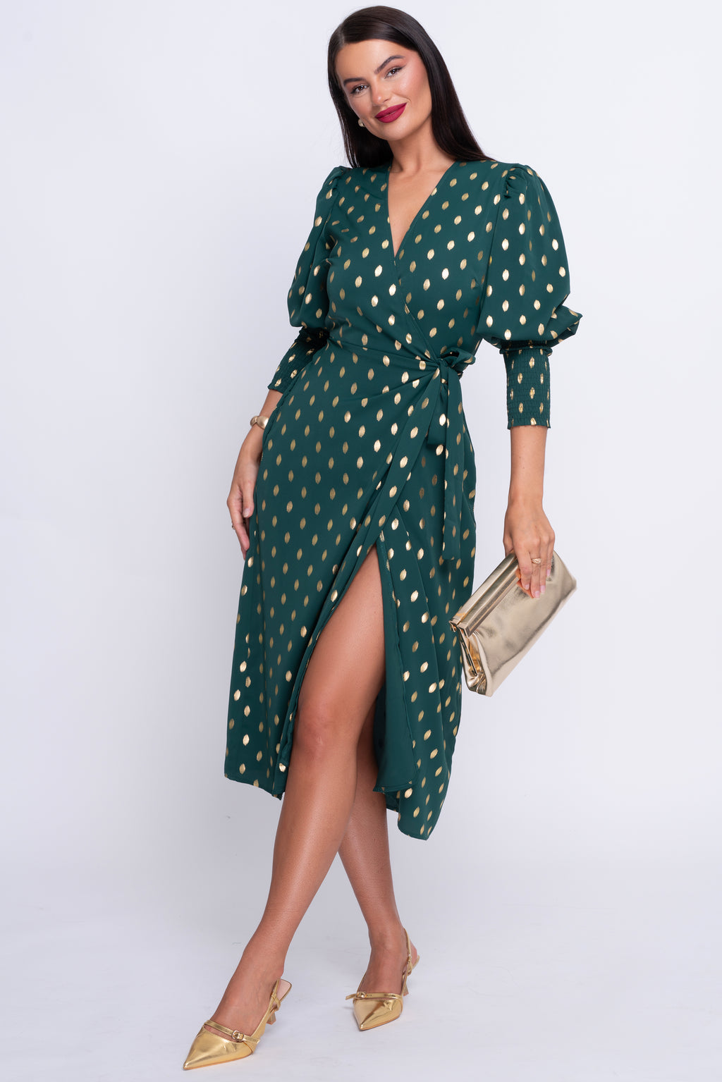 Davina green and gold wrap dress