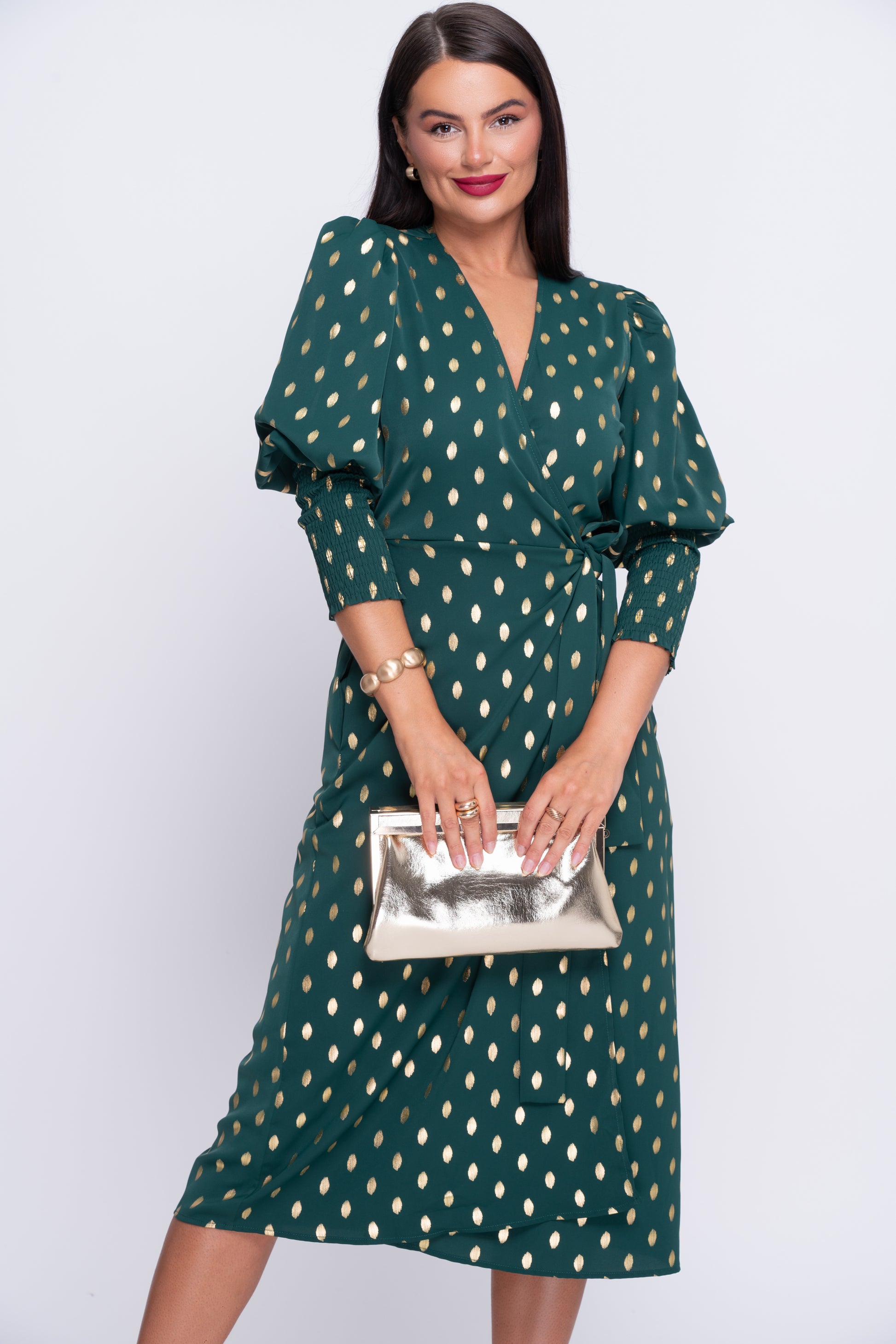 Davina green and gold wrap dress