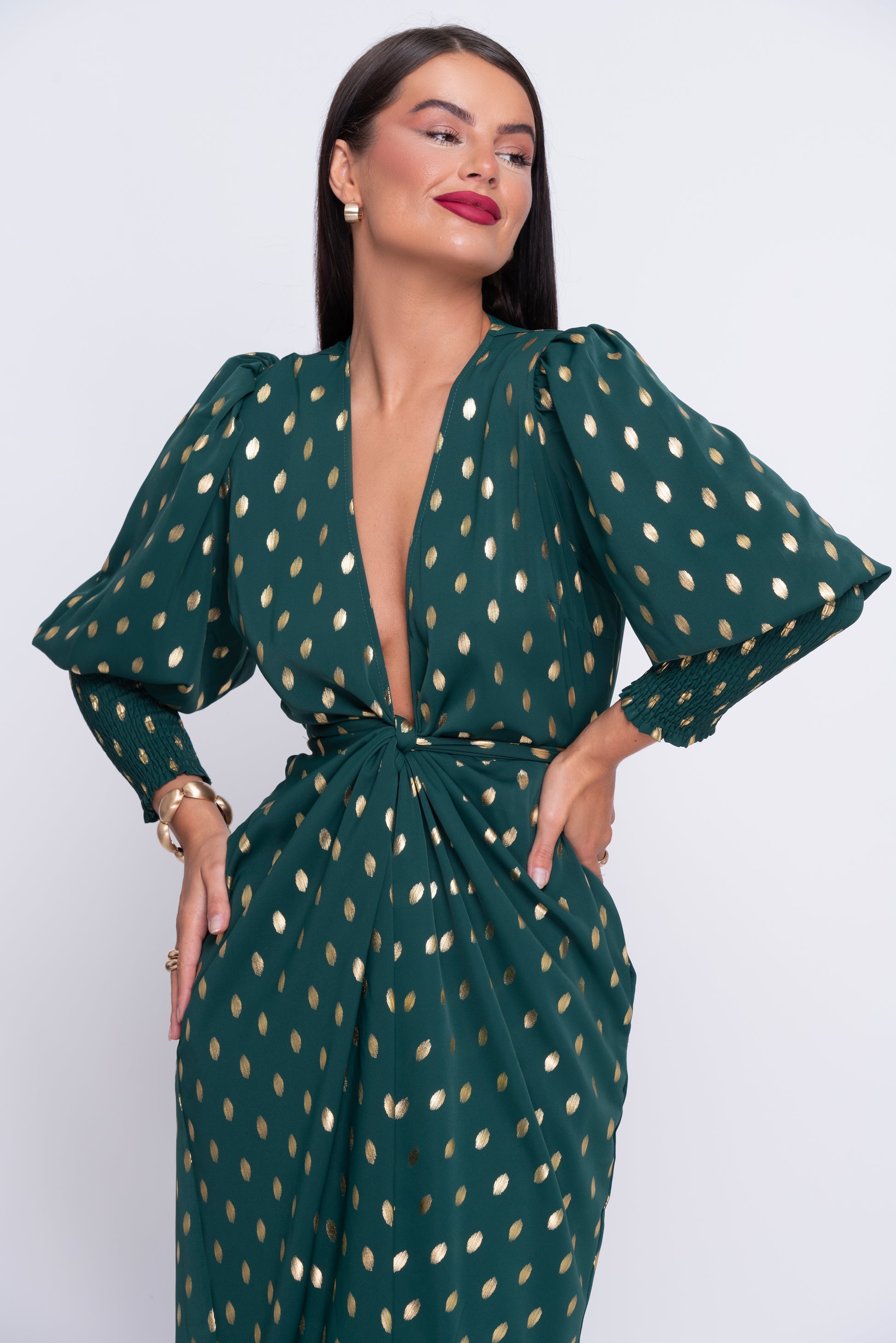 Davina green and gold wrap dress