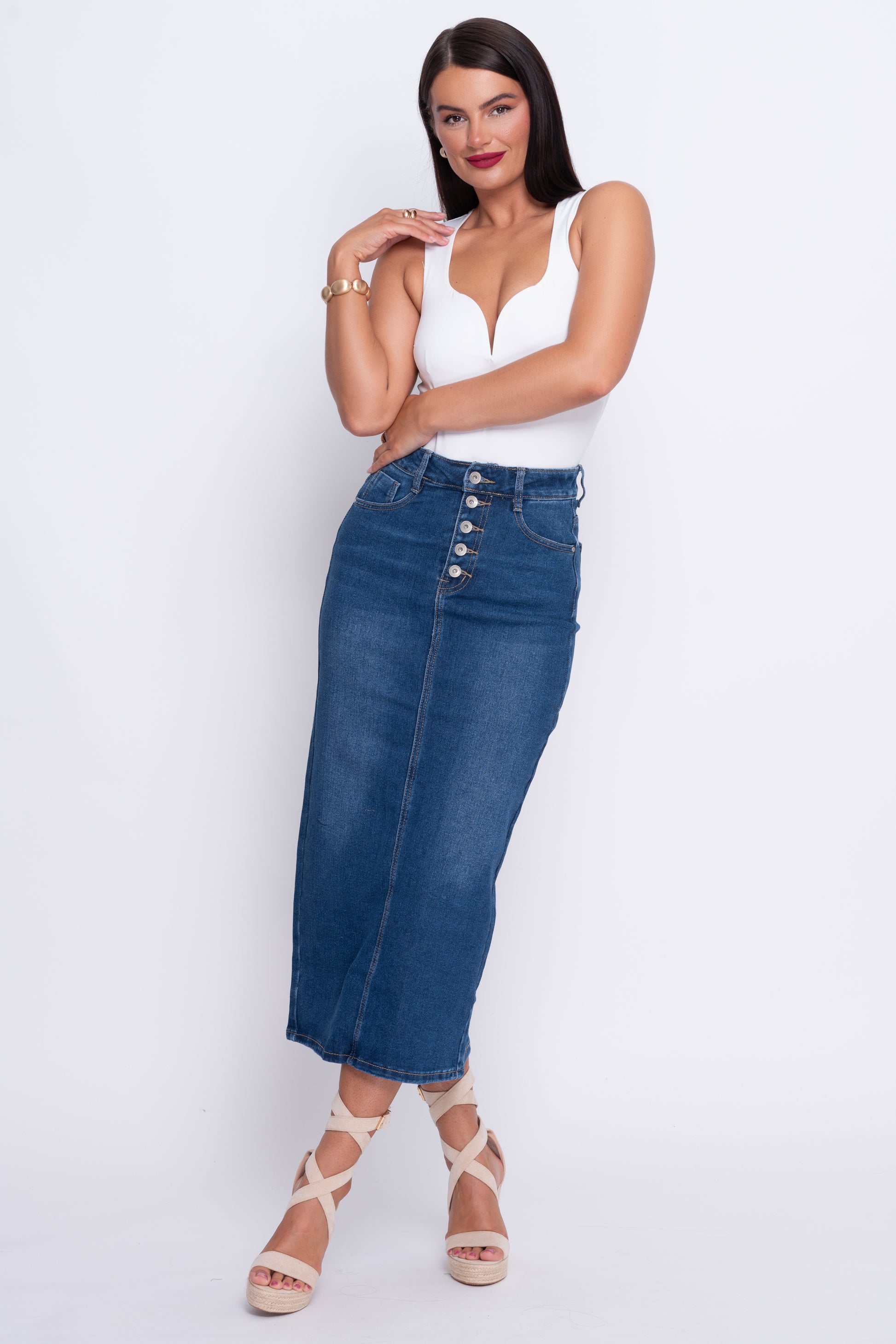 Denim fly front buttoned midi skirt