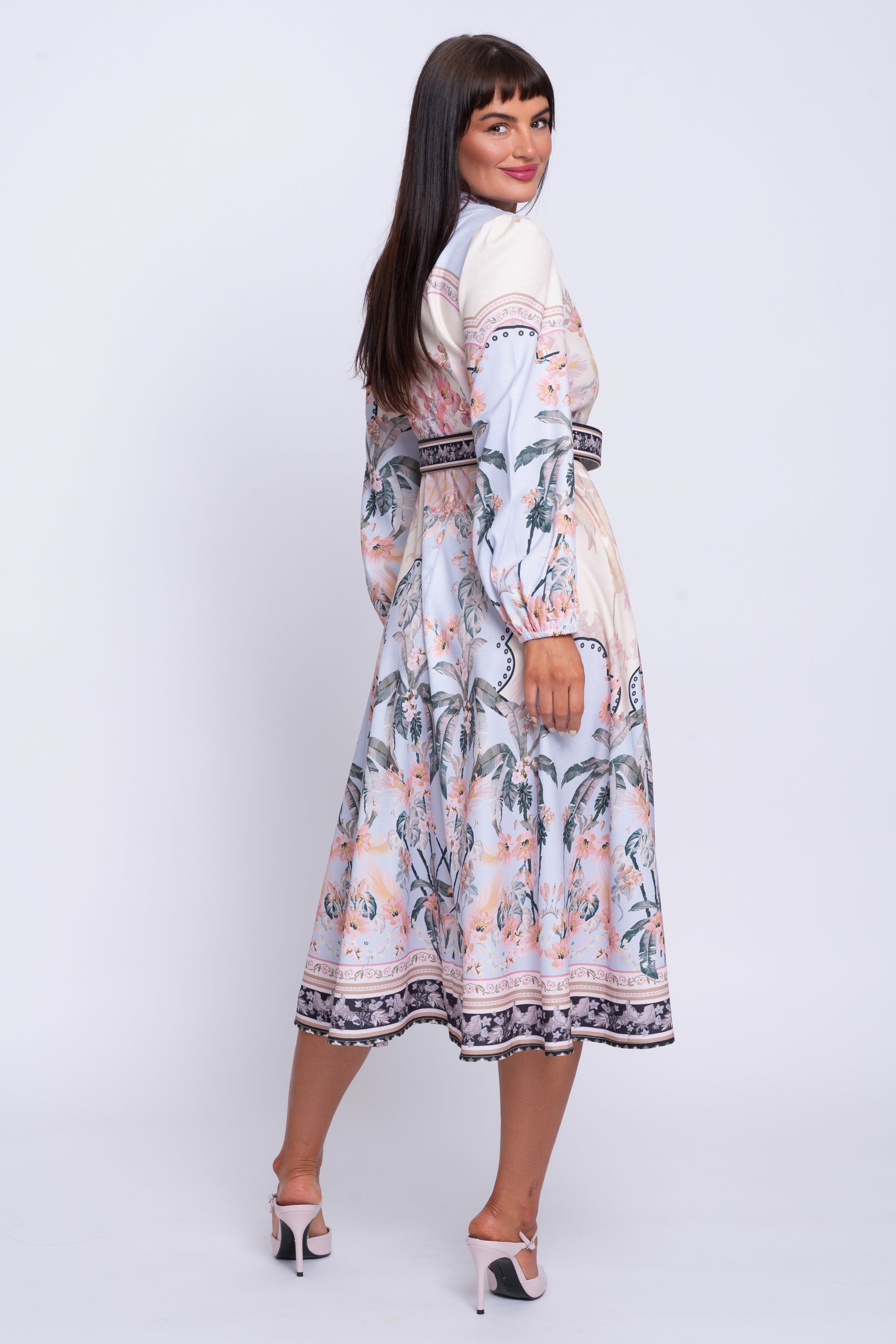 Sabine pale blue border print midi dress