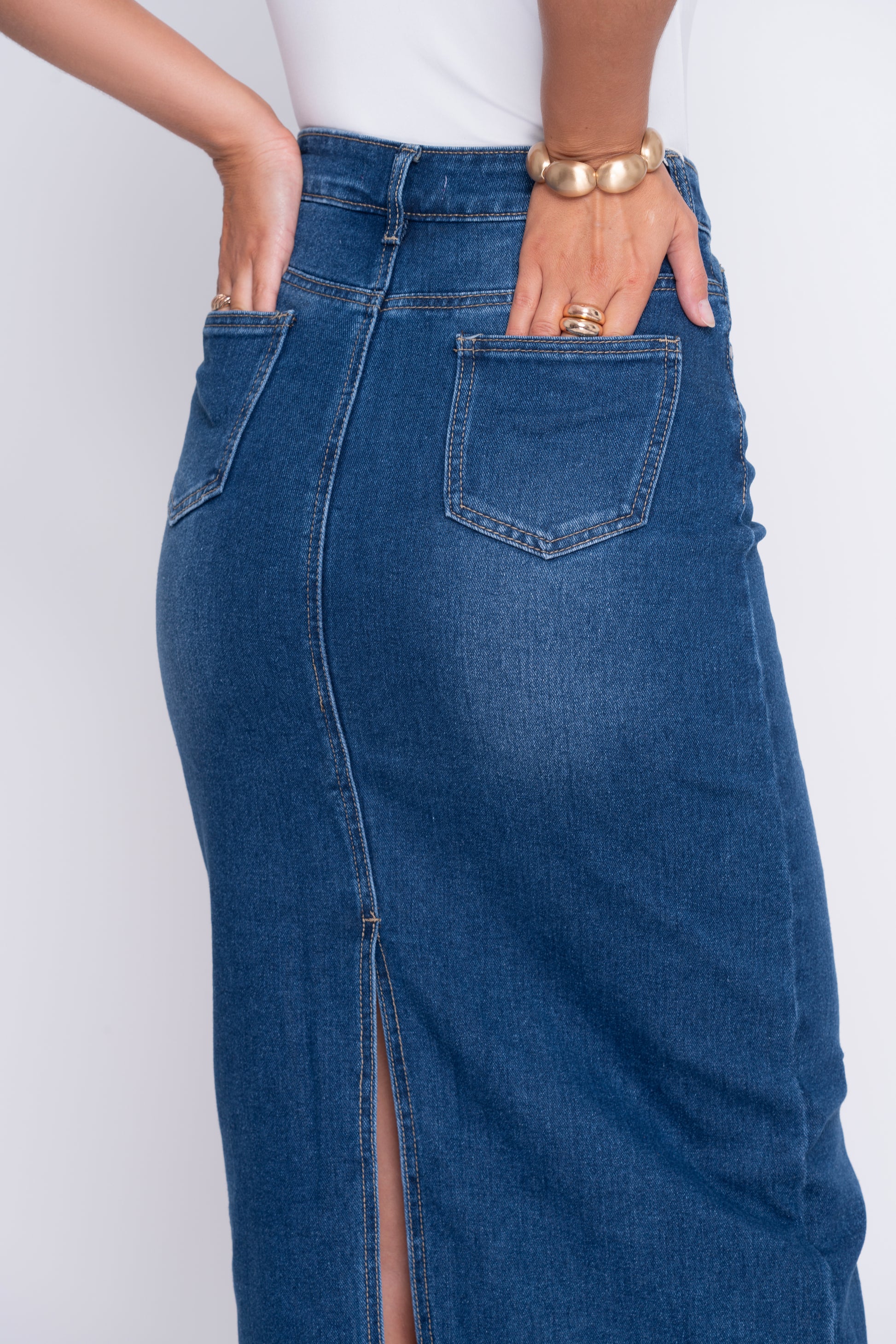 Denim fly front buttoned midi skirt