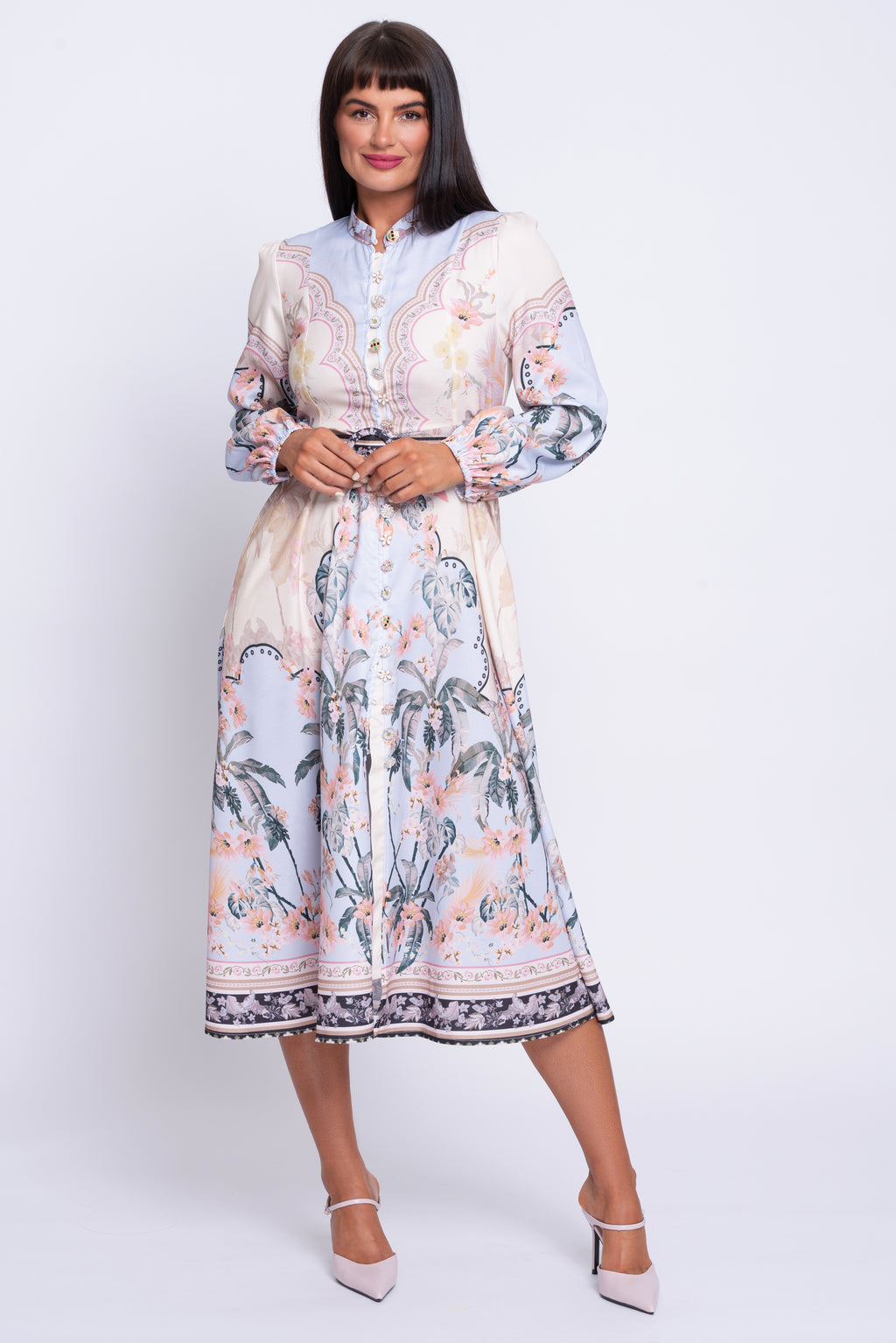 Sabine pale blue border print midi dress
