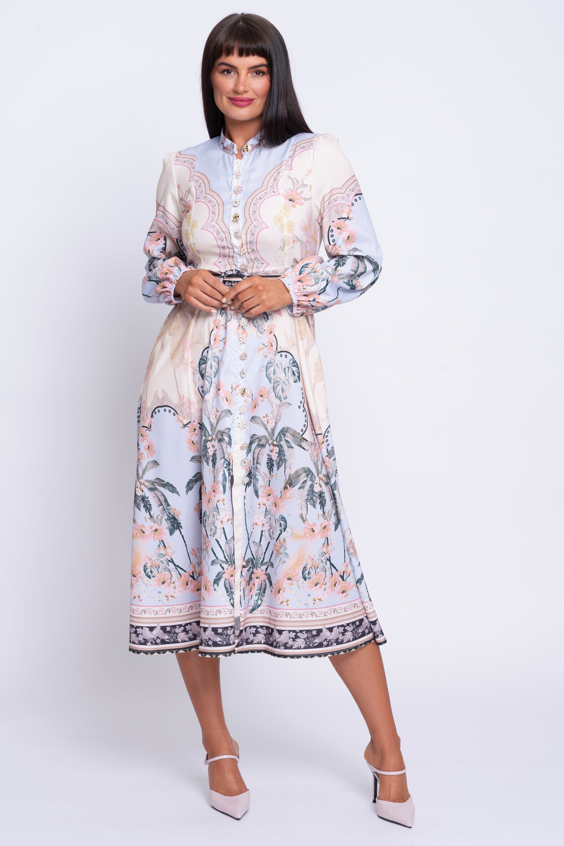 Sabine pale blue border print midi dress