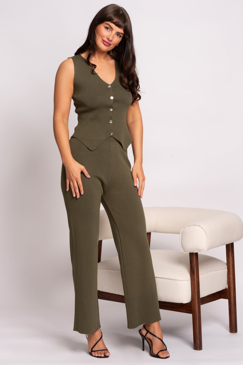 Olivia Khaki Knitted Waistcoat And Trouser Suit