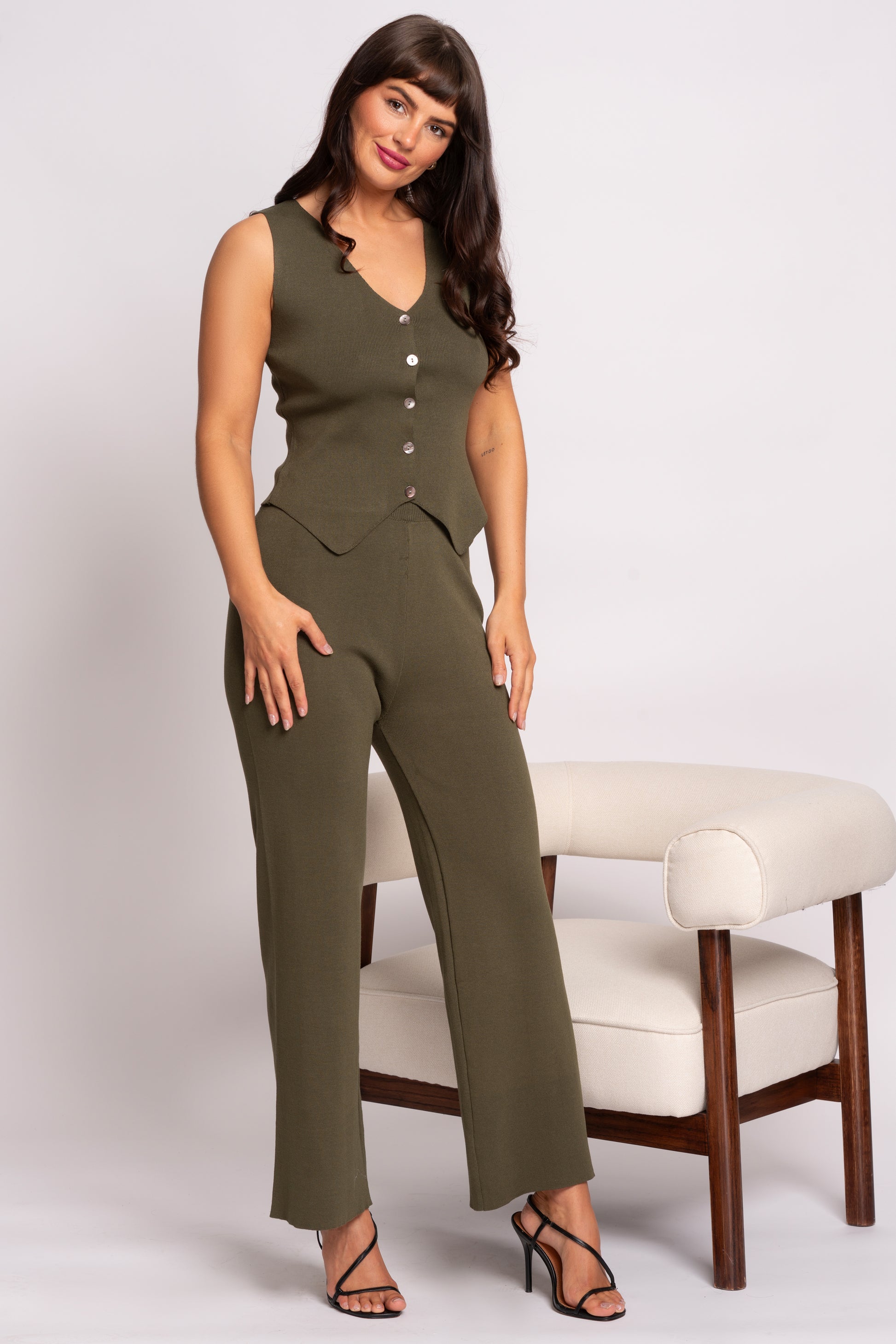 Olivia Khaki Knitted Waistcoat And Trouser Suit