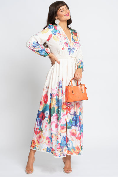 Flower Garden cream floral midi dress