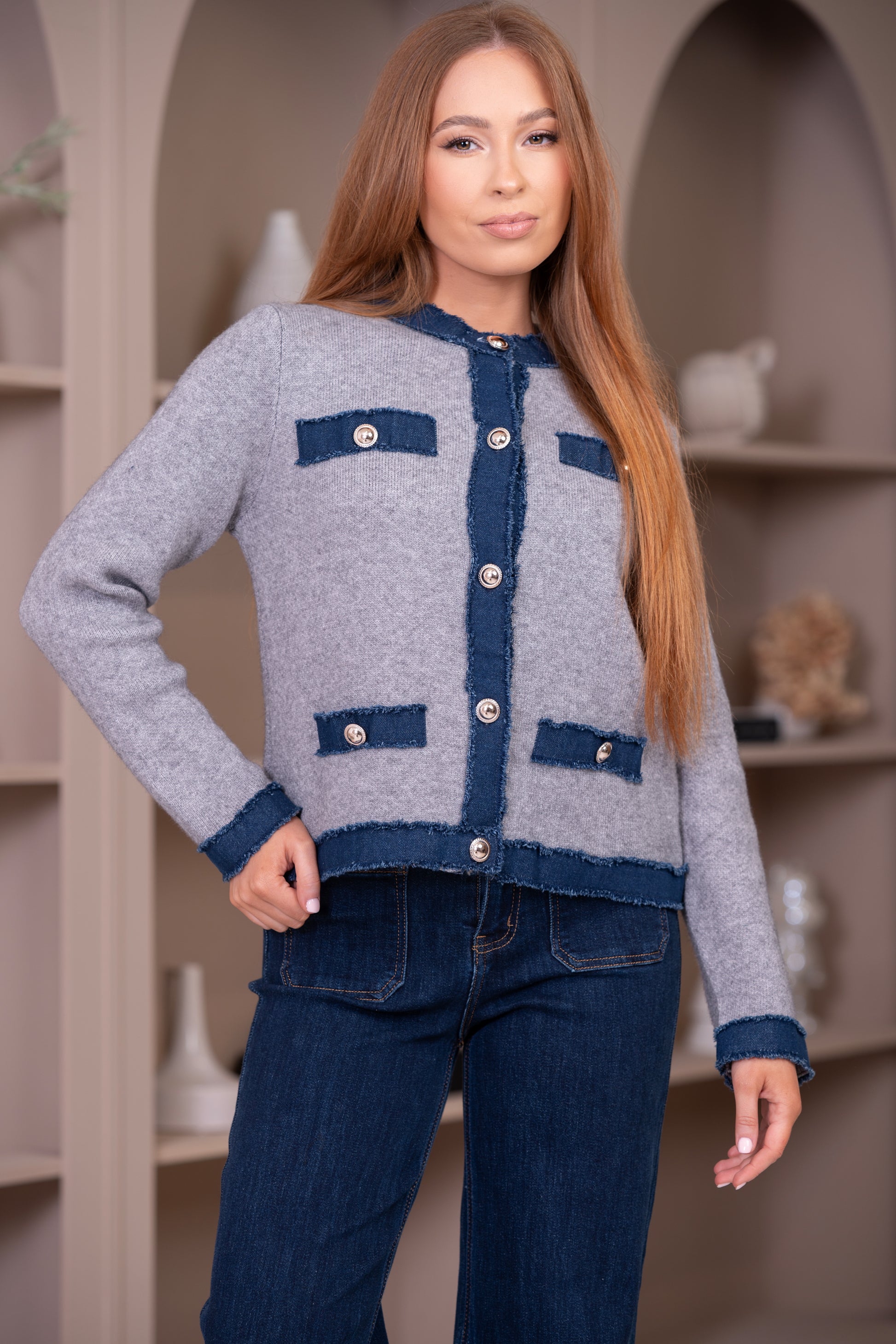 Demi Grey Knit Cardigan With Denim Trim