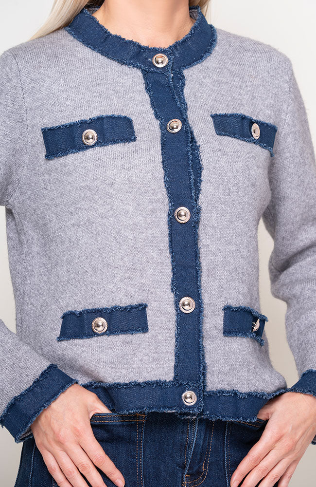 Demi Grey Knit Cardigan With Denim Trim