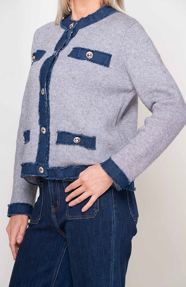 Demi Grey Knit Cardigan With Denim Trim
