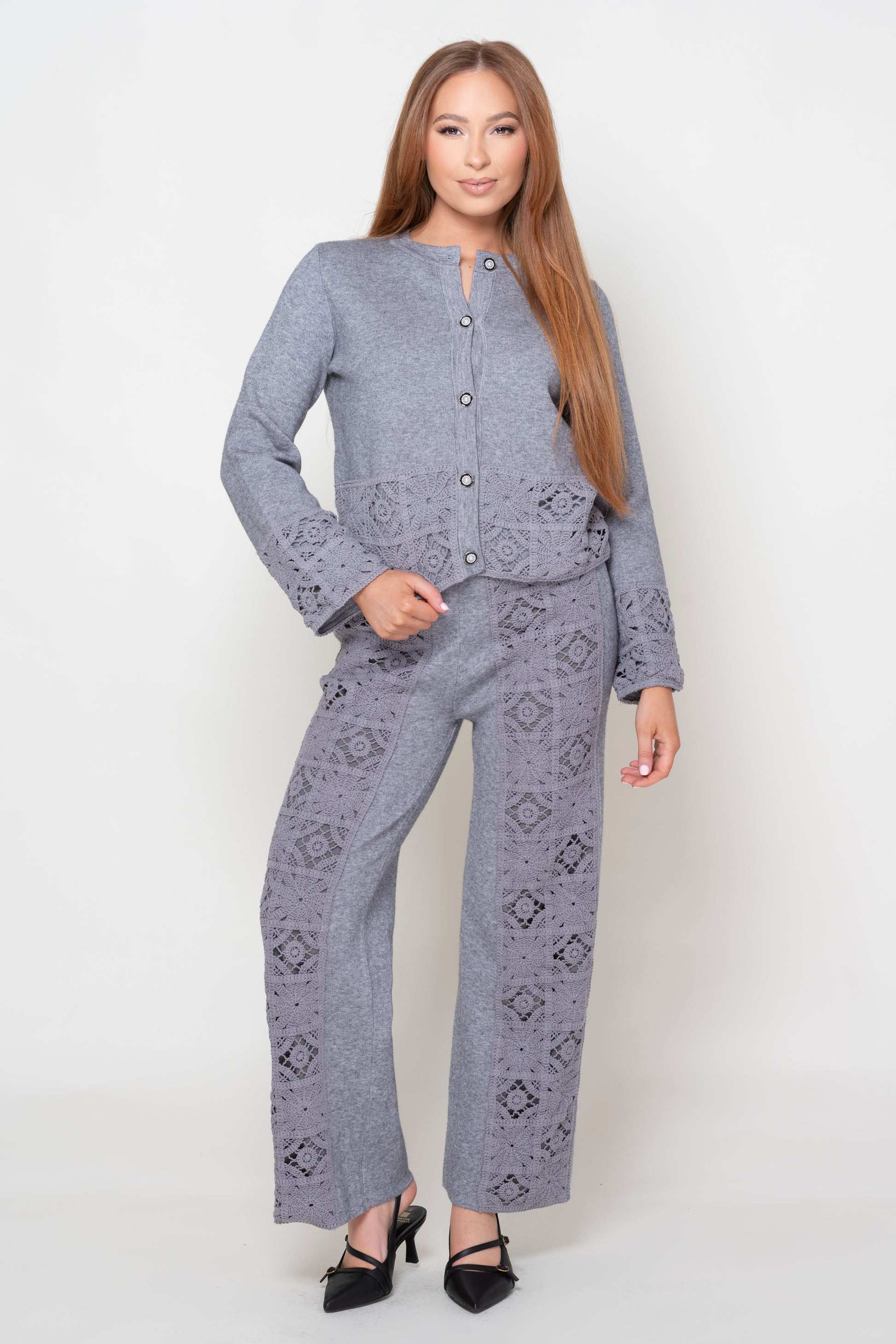 Evangeline Grey cardigan and trouser suit