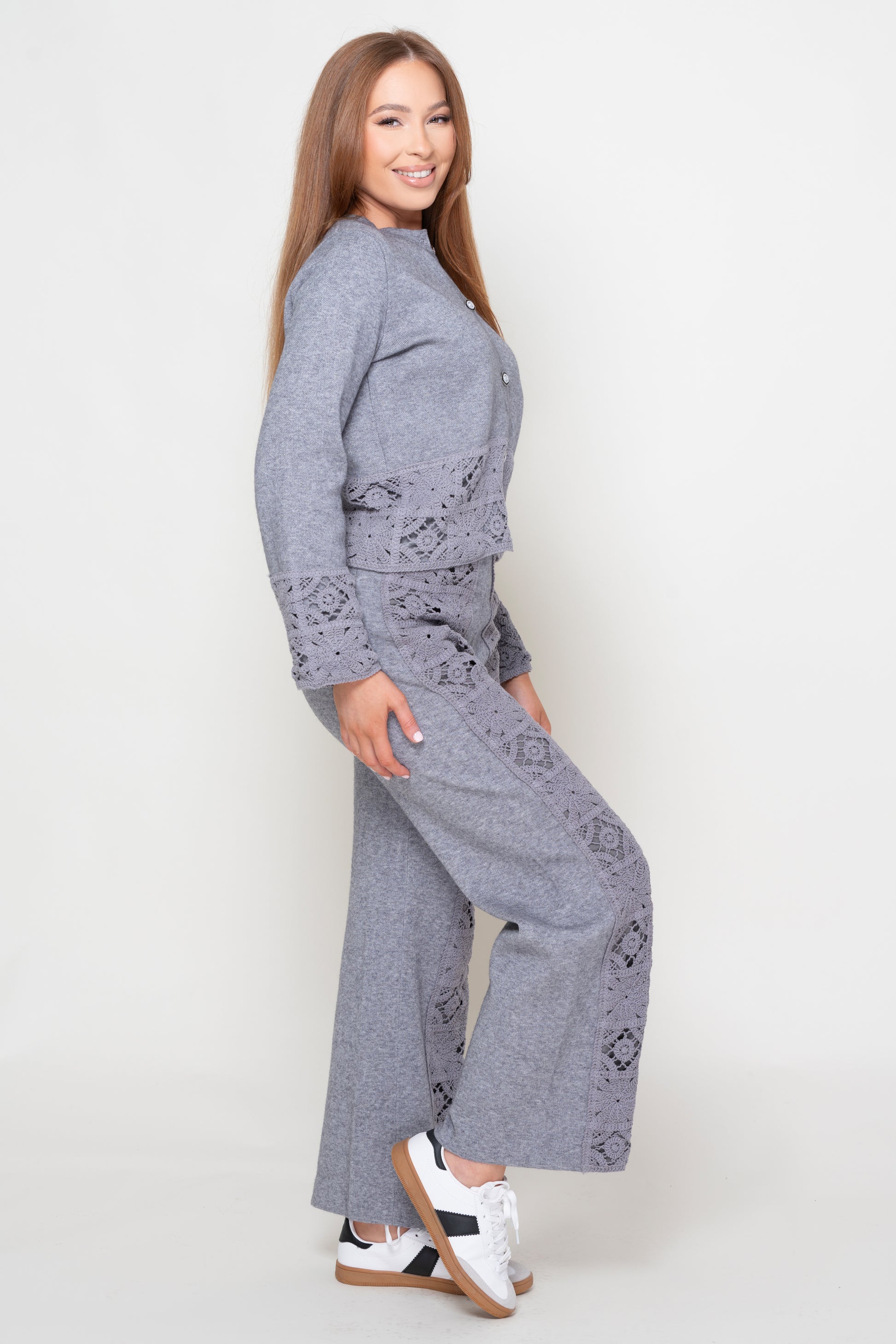 Evangeline Grey cardigan and trouser suit