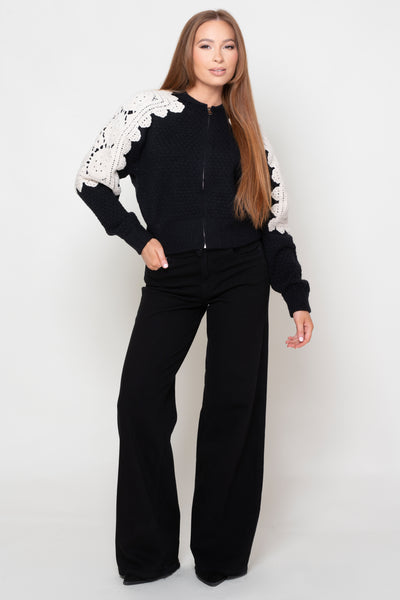 Halle Black Zip Front Top With Crochet Detail