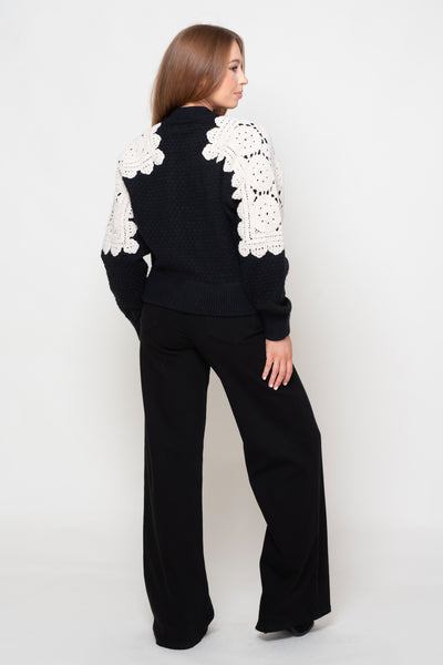 Halle Black Zip Front Top With Crochet Detail