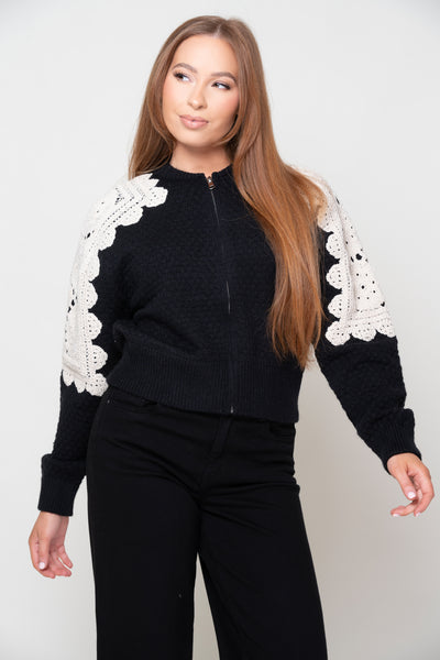 Halle Black Zip Front Top With Crochet Detail