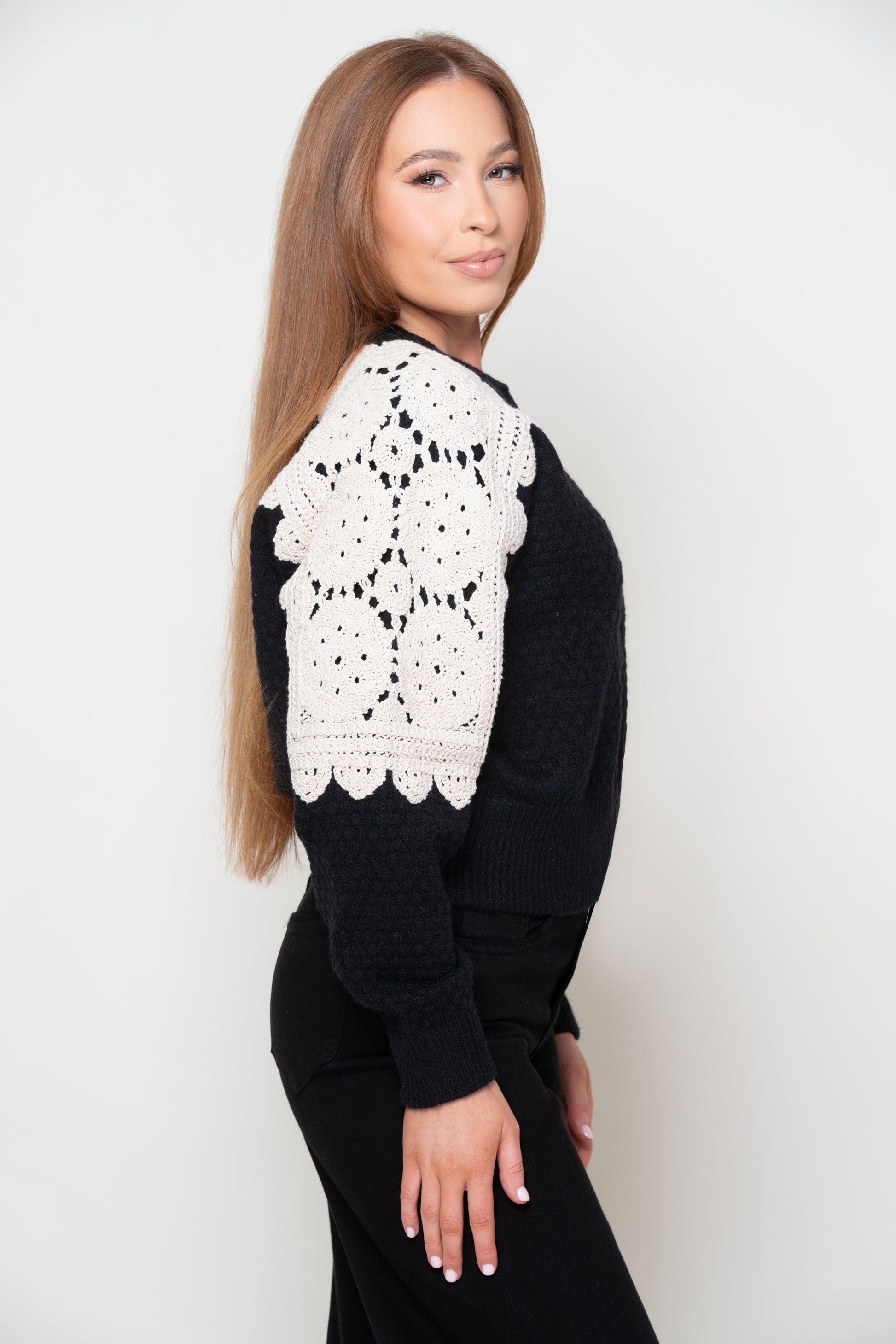 Halle Black Zip Front Top With Crochet Detail