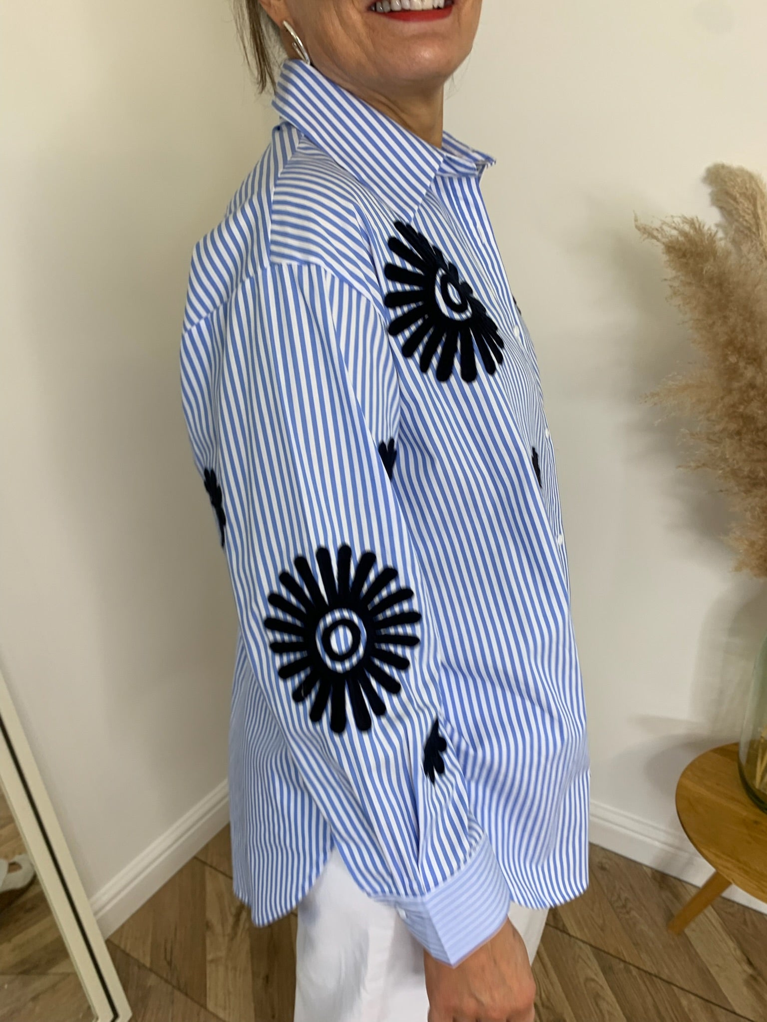 Lisette blue stripe shirt with flowers