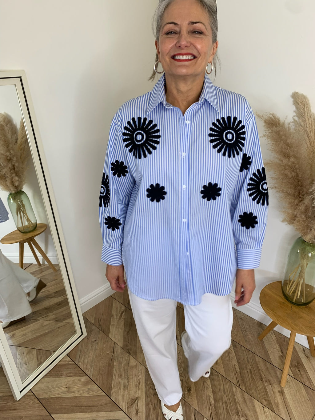 Lisette blue stripe shirt with flowers