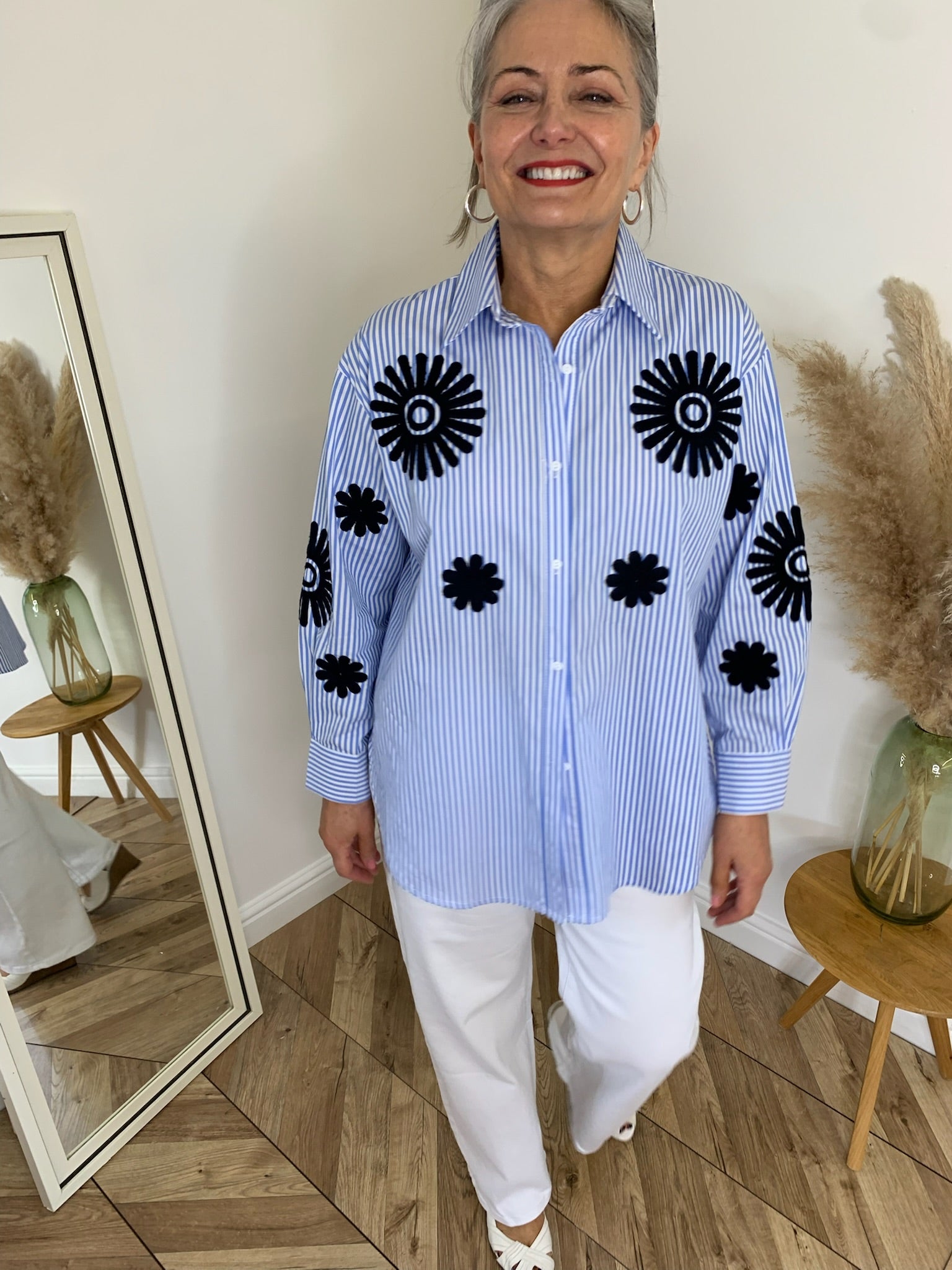 Lisette blue stripe shirt with flowers