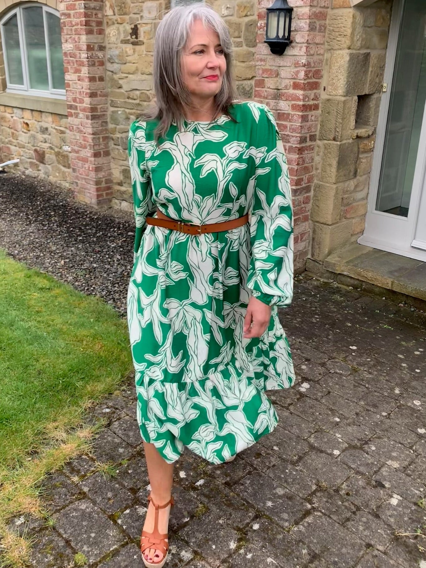 May green floral tiered midi dress