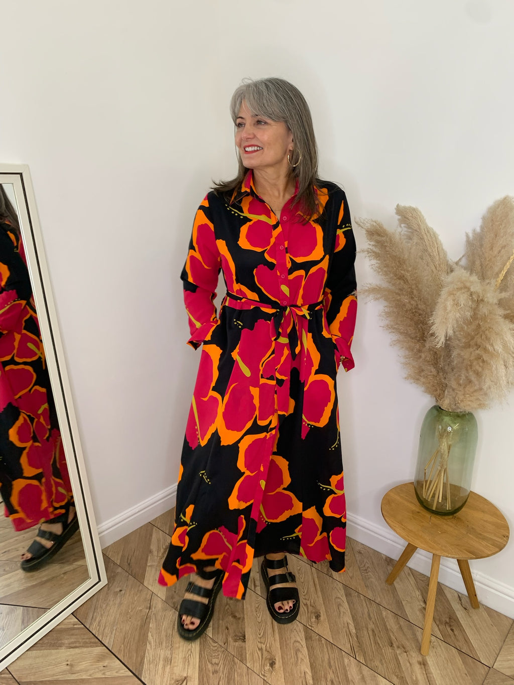 Brielle hot pink multi floral midi shirt dress