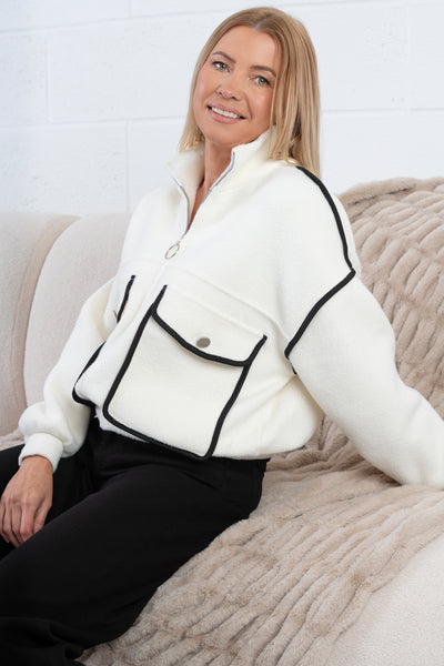 Lena White Knitted Zip Up Jacket With Black Trim
