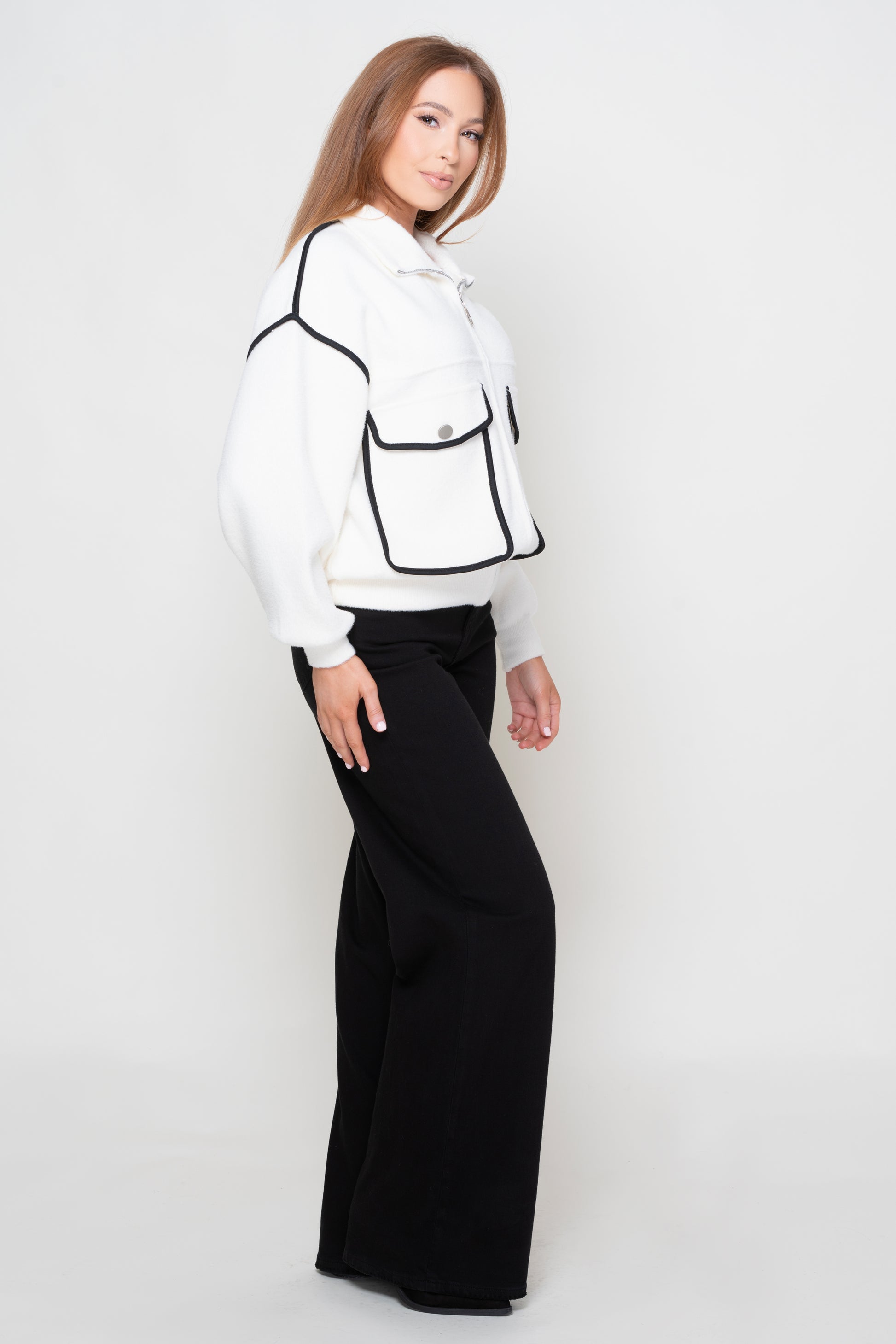 Lena White Knitted Zip Up Jacket With Black Trim