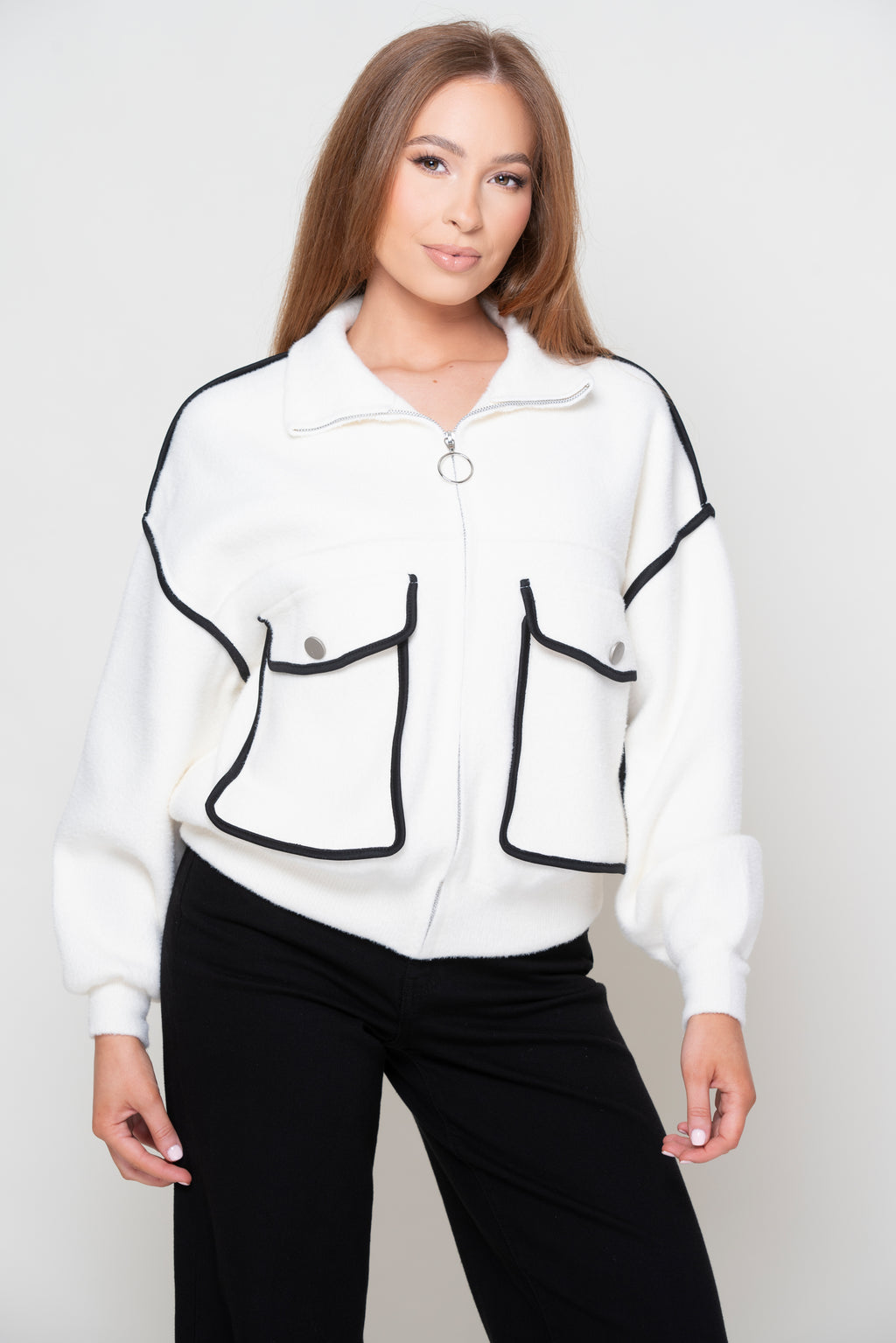 Lena White Knitted Zip Up Jacket With Black Trim