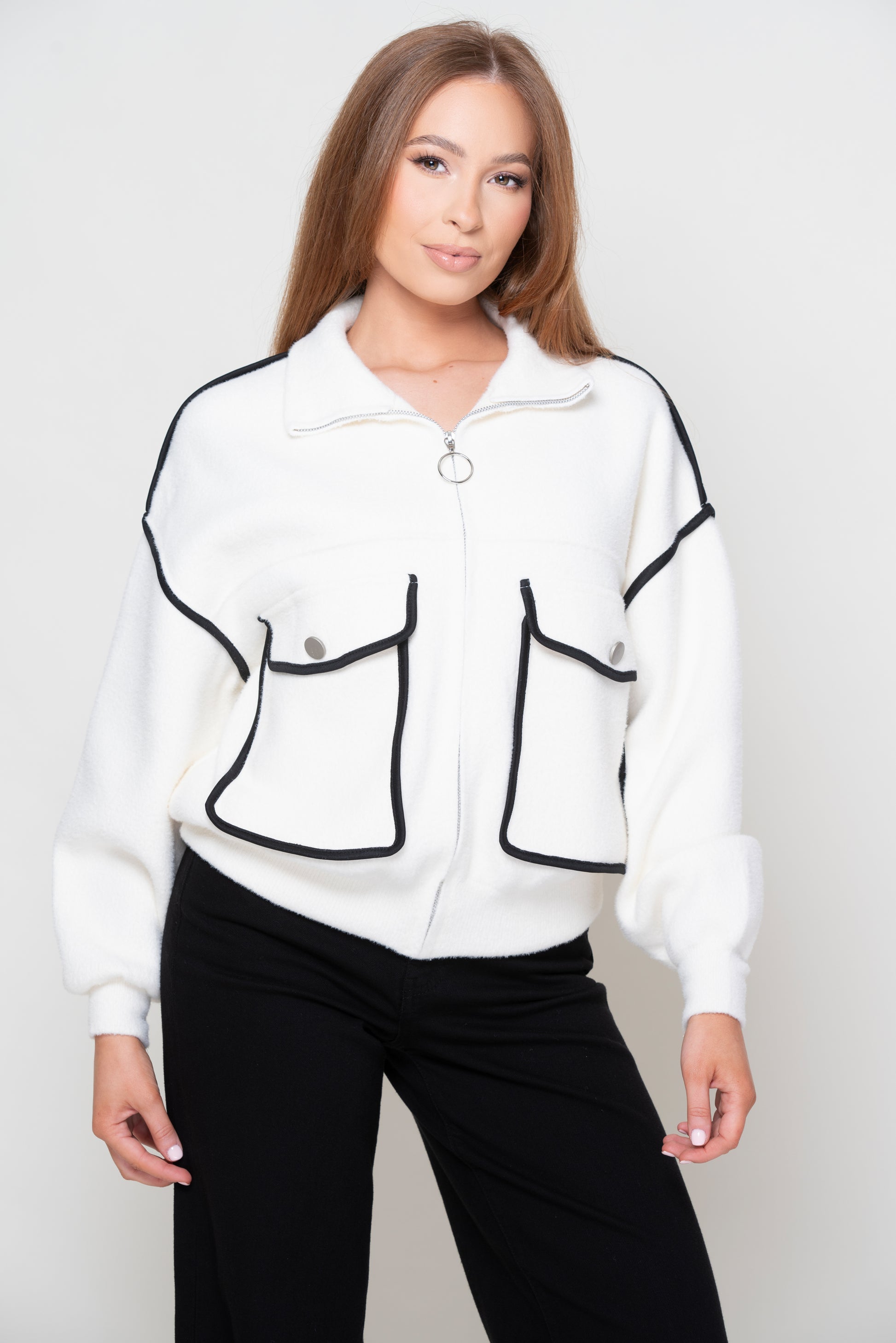 Lena White Knitted Zip Up Jacket With Black Trim