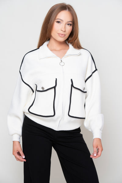 Lena White Knitted Zip Up Jacket With Black Trim