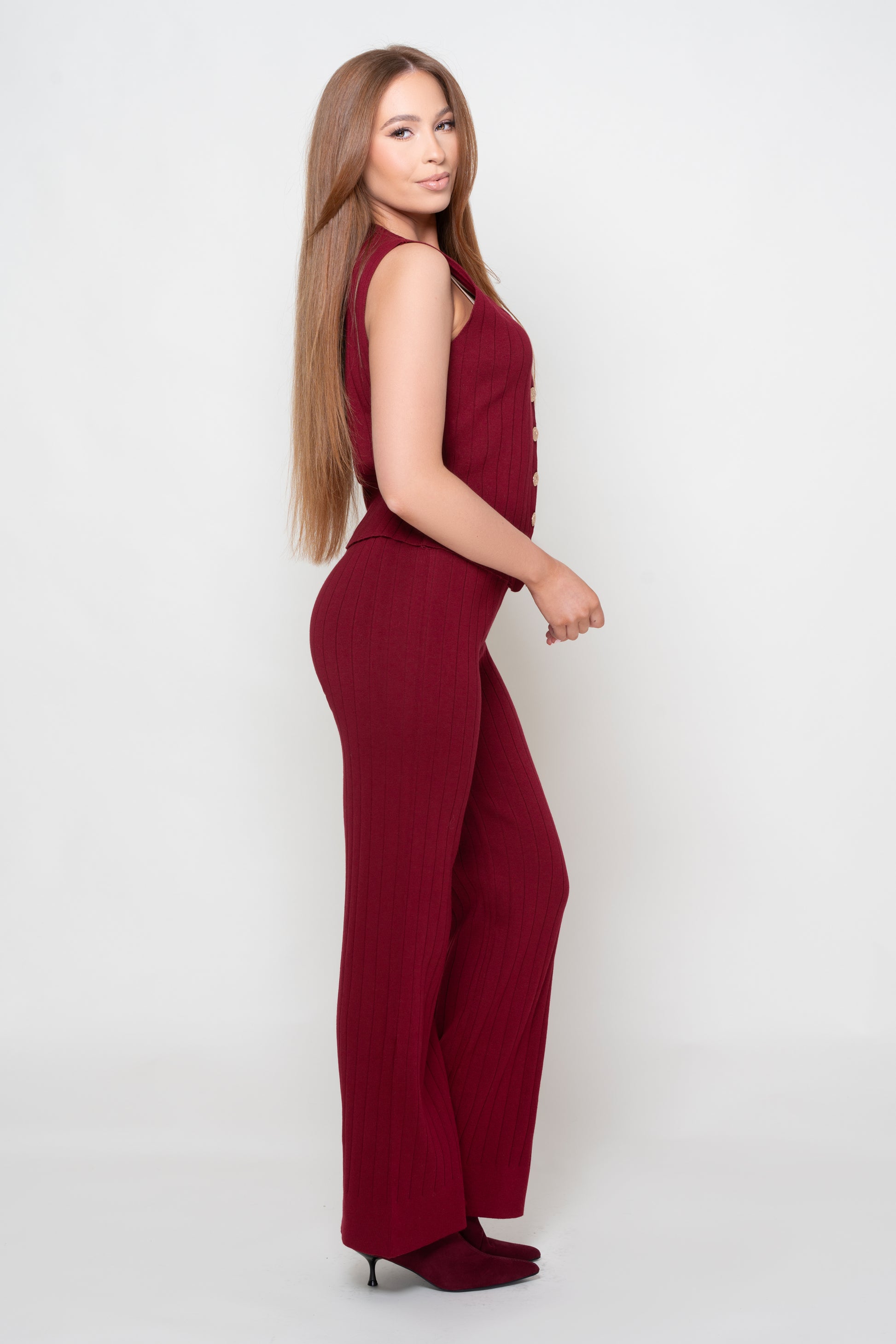 Meghan Wine Fine knit Waistcoat And Trouser Suit