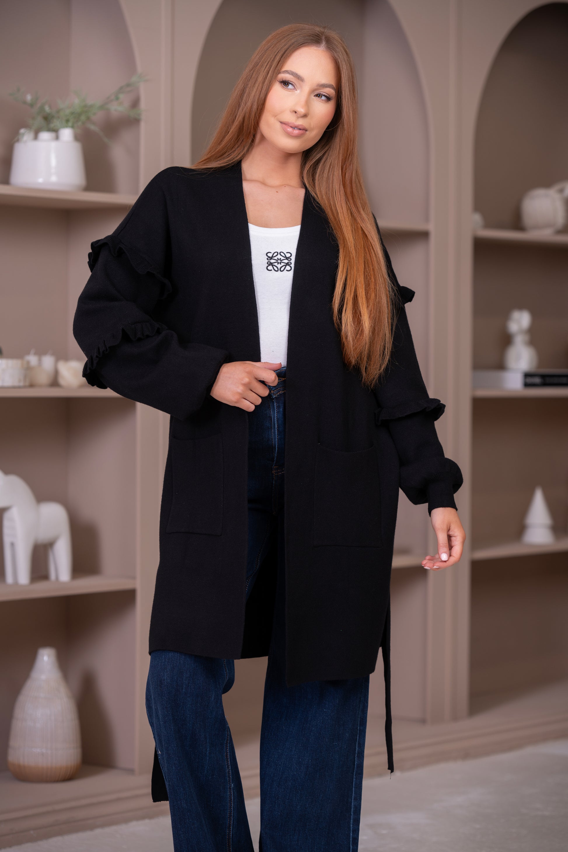 Nero Black Longline Cardigan With Frilled Sleeves