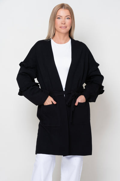Nero Black Longline Cardigan With Frilled Sleeves